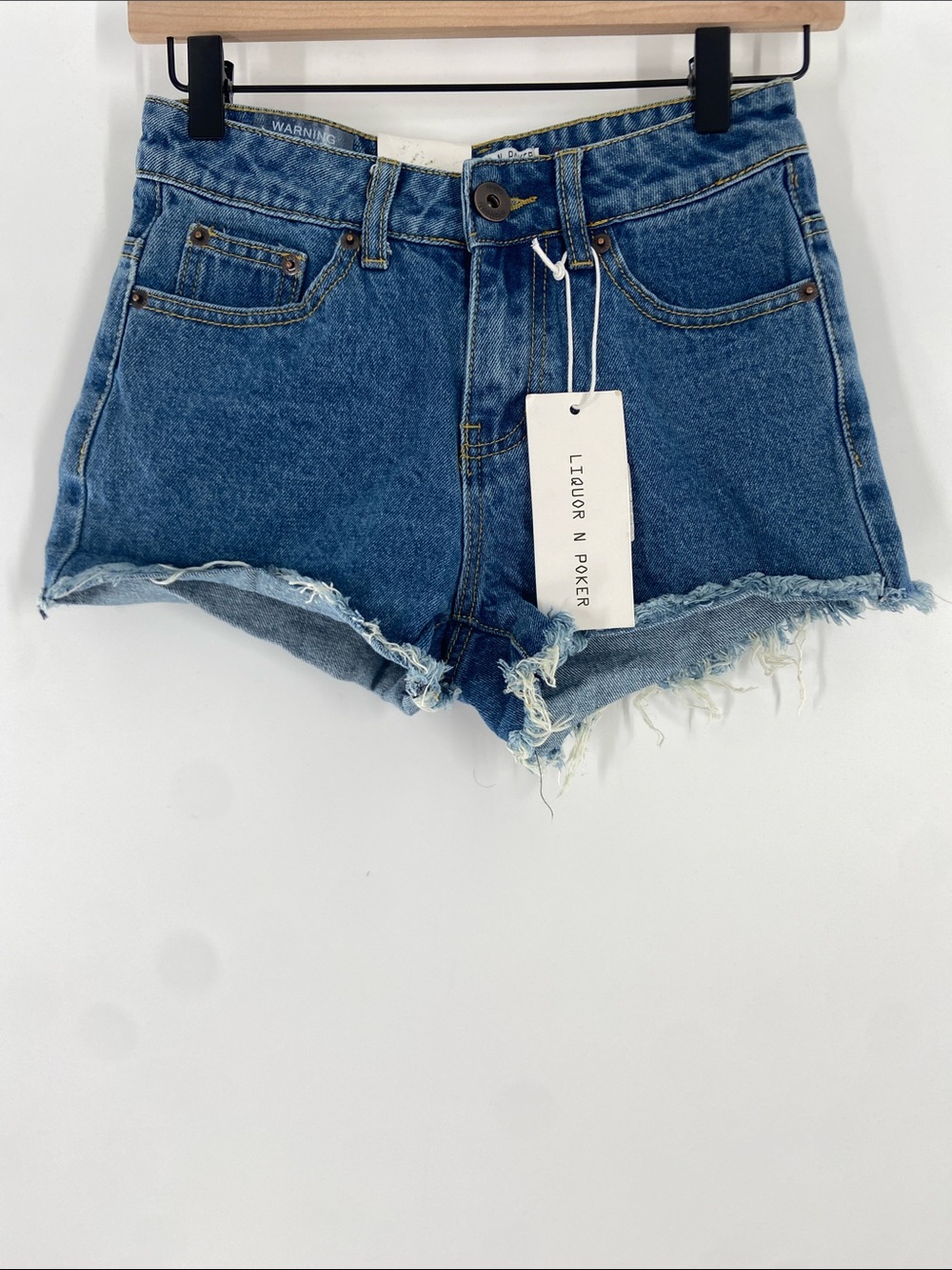 Liquor N Poker Blue Topeka Low Rise Raw Edge Denim Shorts Size 6 NWT